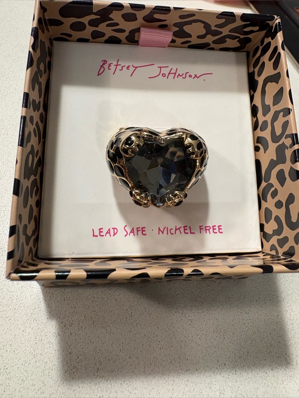 Betsey Johnson Black and Gold Heart Crystal Leopard Cocktail Ring